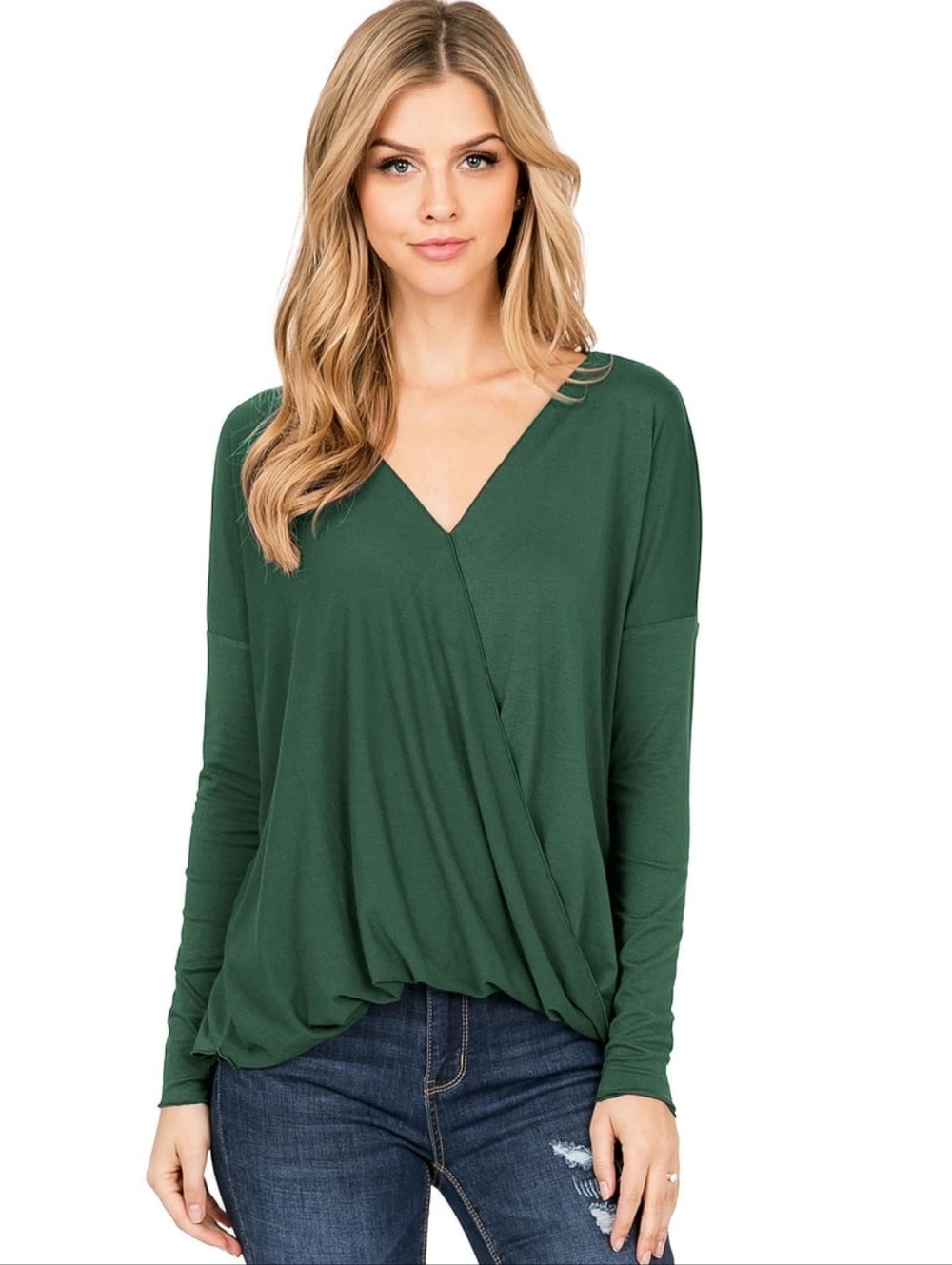 Double Zero V-Neck Surplice Long Sleeve Top - Forest Green